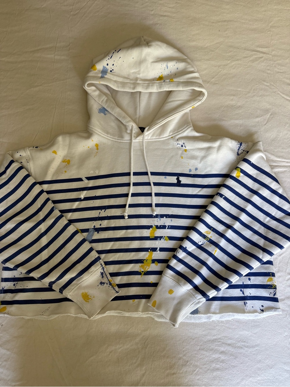Ralph Lauren White Hoodie with Navy Label and Yellow Paint Accents